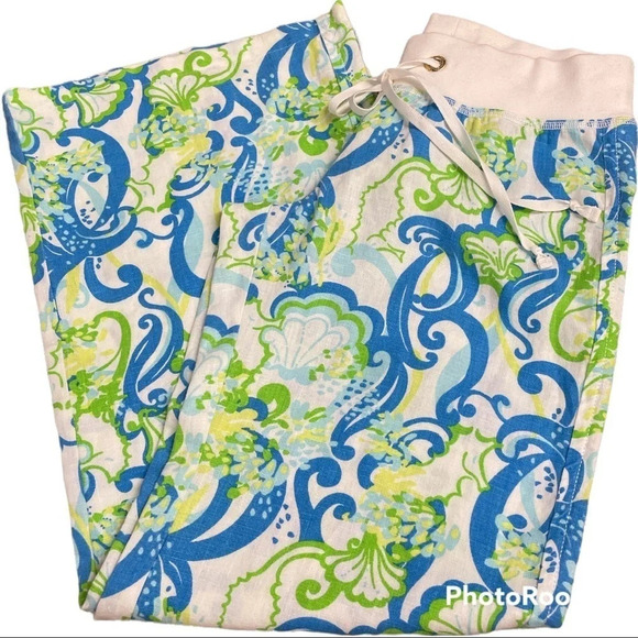 Lilly Pulitzer The Beach Pant Resort White Crystal Coast Blue Green Linen - Picture 3 of 13